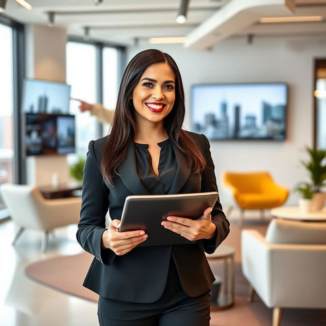 A professional business profile featuring a charismatic woman named Tracy, standing in a chic office space