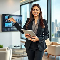 A professional business profile featuring a charismatic woman named Tracy, standing in a chic office space