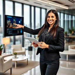 A professional business profile featuring a charismatic woman named Tracy, standing in a chic office space