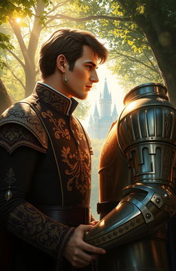 A dramatic fantasy scene depicting a forbidden romance between the second prince of the Meinz Kingdom and a handsome knight named Lyrien