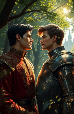 A dramatic fantasy scene depicting a forbidden romance between the second prince of the Meinz Kingdom and a handsome knight named Lyrien