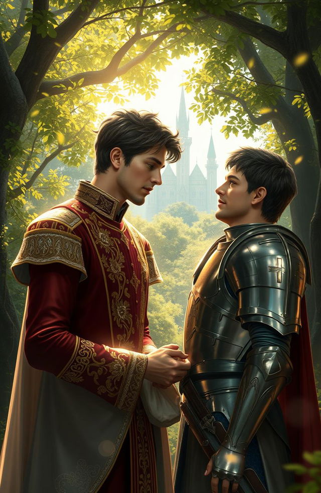 A dramatic fantasy scene depicting a forbidden romance between the second prince of the Meinz Kingdom and a handsome knight named Lyrien