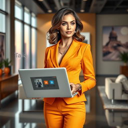 A professional business profile featuring a dynamic character named Talia, a confident businesswoman standing in an upscale office environment