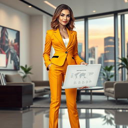 A professional business profile featuring a dynamic character named Talia, a confident businesswoman standing in an upscale office environment