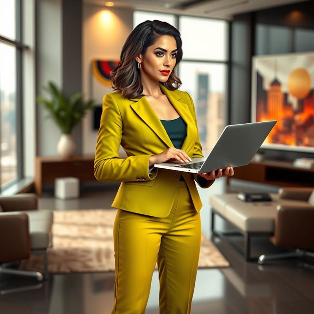 A professional business profile featuring a dynamic character named Talia, a confident businesswoman standing in an upscale office environment