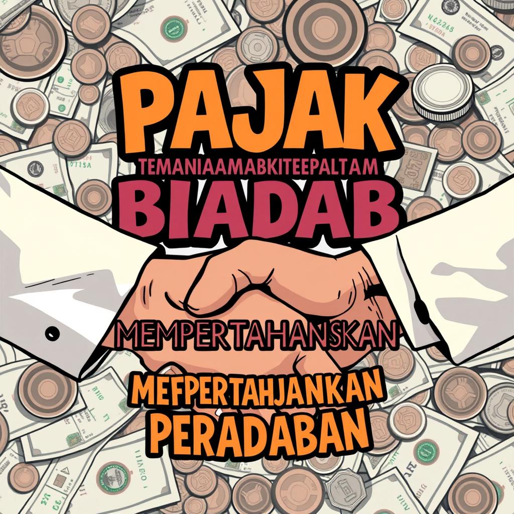 A compelling graphic illustrating the phrase 'PAJAK ADALAH CARA BIADAB UNTUK MEMPERTAHANKAN PERADABAN' in bold, artistic typography