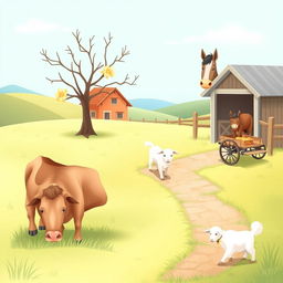 A soft, pastel illustration of a picturesque farm scene