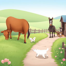 A soft, pastel illustration of a picturesque farm scene