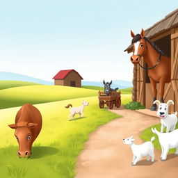 A soft, pastel illustration of a picturesque farm scene