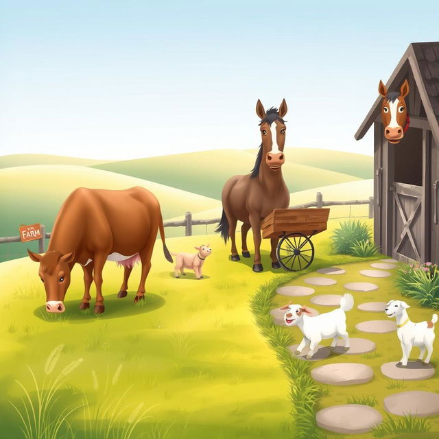 A soft, pastel illustration of a picturesque farm scene