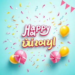 A festive and colorful birthday banner design with the text 'تولدت را تبریک میگویم' prominently displayed in an elegant and playful font