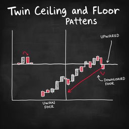 A detailed illustration of twin ceiling and floor patterns in financial markets drawn on a blackboard, depicted in a linear candlestick chart style