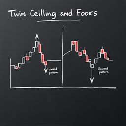 A detailed illustration of twin ceiling and floor patterns in financial markets drawn on a blackboard, depicted in a linear candlestick chart style