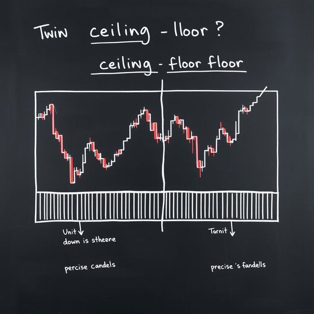 A detailed illustration of twin ceiling and floor patterns in financial markets drawn on a blackboard, depicted in a linear candlestick chart style