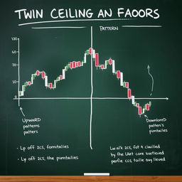A detailed illustration of twin ceiling and floor patterns in financial markets drawn on a blackboard, depicted in a linear candlestick chart style