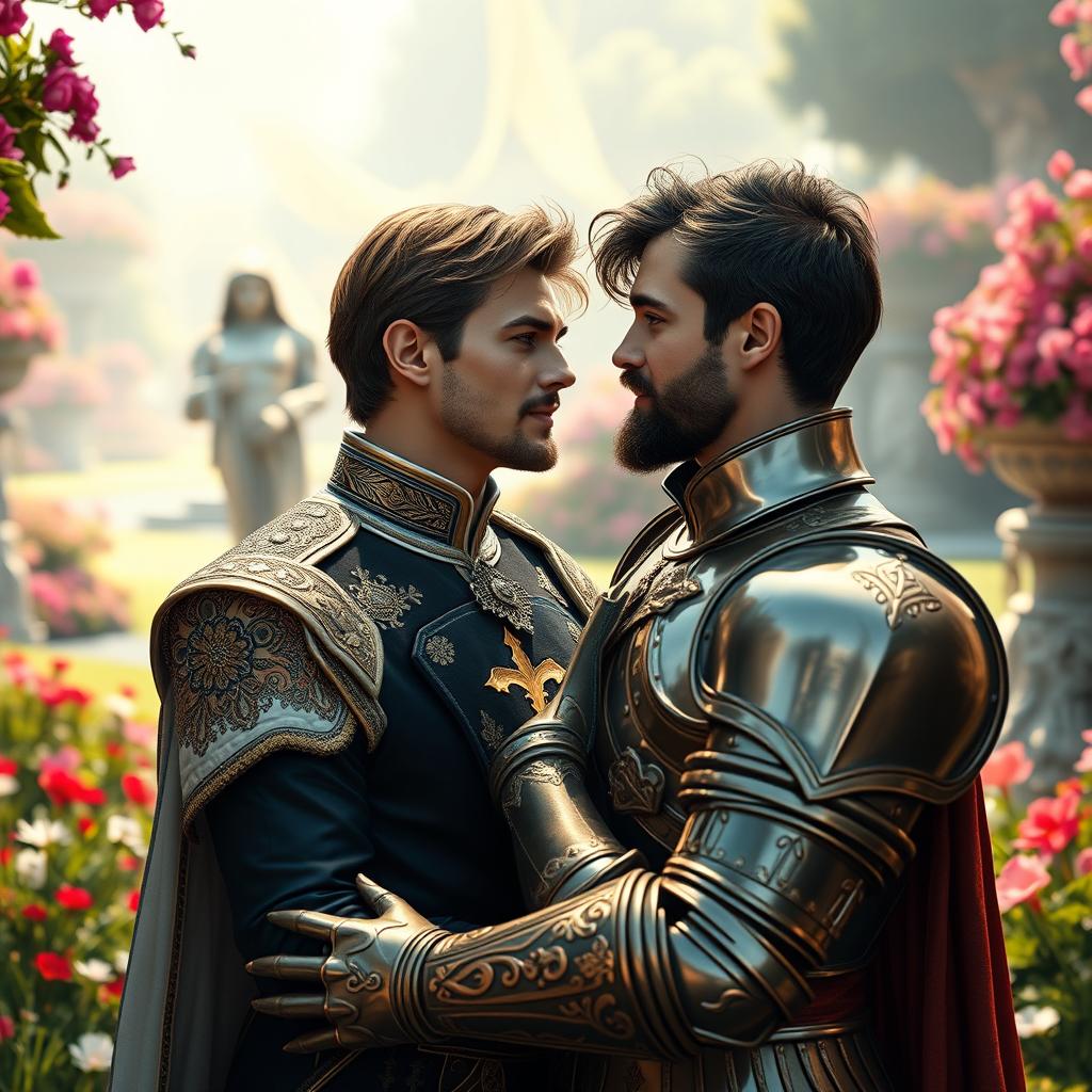 A captivating fantasy scene showcasing a gay romance between the second prince of the Meinz Kingdom and a handsome knight named Lyrien