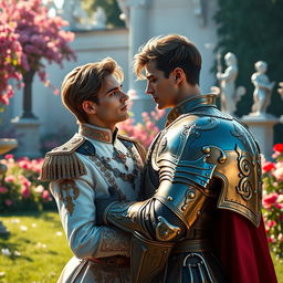 A captivating fantasy scene showcasing a gay romance between the second prince of the Meinz Kingdom and a handsome knight named Lyrien