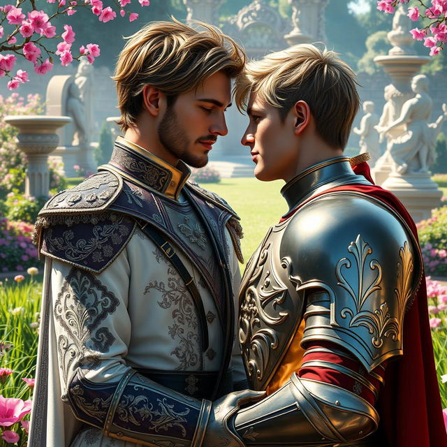 A captivating fantasy scene showcasing a gay romance between the second prince of the Meinz Kingdom and a handsome knight named Lyrien