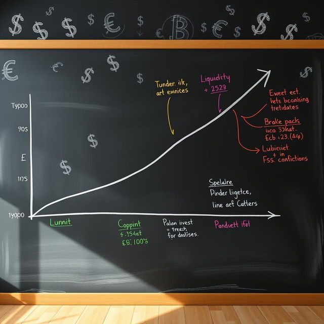 A detailed illustration of a financial market liquidity trend line on a large chalkboard