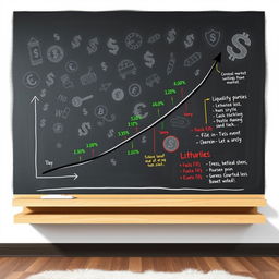 A detailed illustration of a financial market liquidity trend line on a large chalkboard