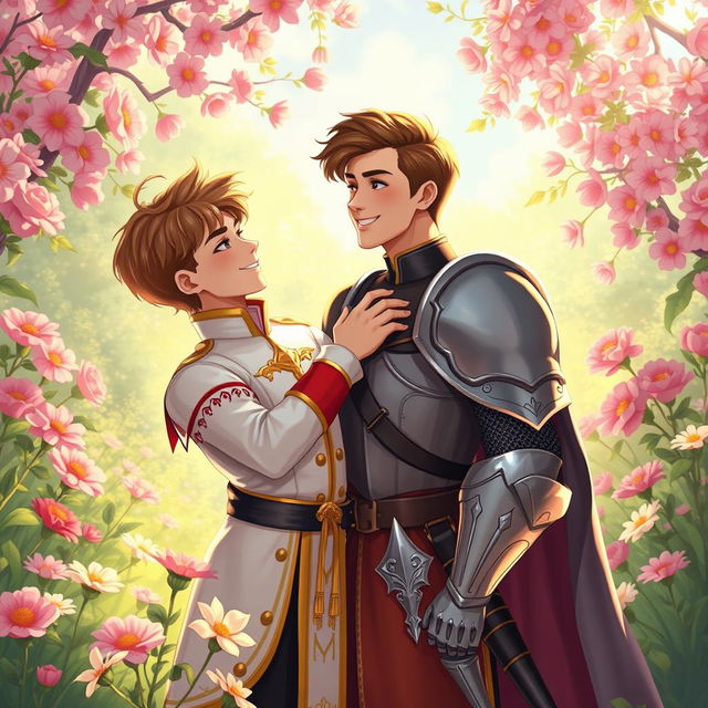 A vibrant fantasy illustration depicting a young gay romance between the second prince of the Meinz Kingdom and a handsome knight named Lyrien