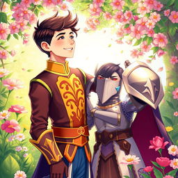 A vibrant fantasy illustration depicting a young gay romance between the second prince of the Meinz Kingdom and a handsome knight named Lyrien