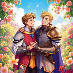 A vibrant fantasy illustration depicting a young gay romance between the second prince of the Meinz Kingdom and a handsome knight named Lyrien