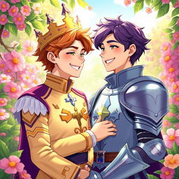 A vibrant fantasy illustration depicting a young gay romance between the second prince of the Meinz Kingdom and a handsome knight named Lyrien