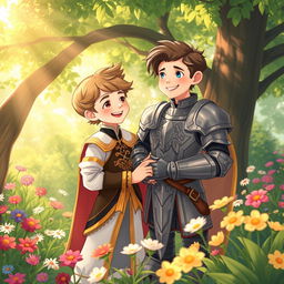 A whimsical and heartfelt illustration showcasing the innocent love between the young second prince of the Meinz Kingdom and a handsome knight named Lyrien