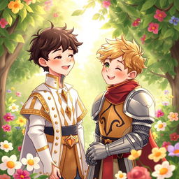 A whimsical and heartfelt illustration showcasing the innocent love between the young second prince of the Meinz Kingdom and a handsome knight named Lyrien