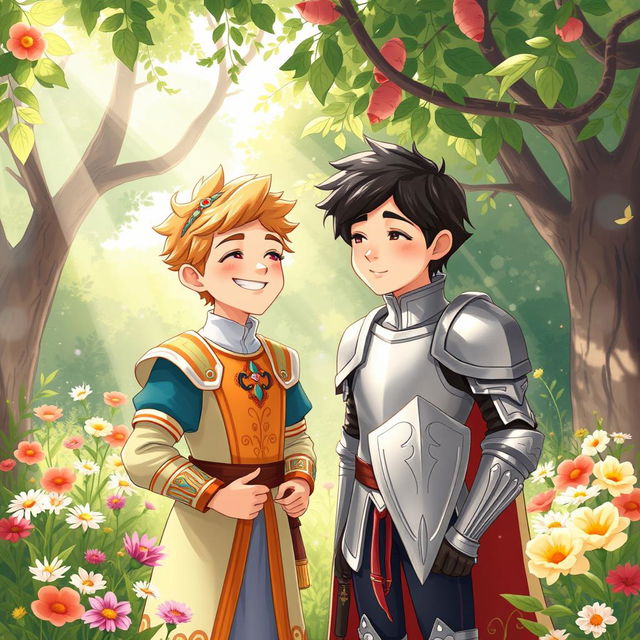 A whimsical and heartfelt illustration showcasing the innocent love between the young second prince of the Meinz Kingdom and a handsome knight named Lyrien