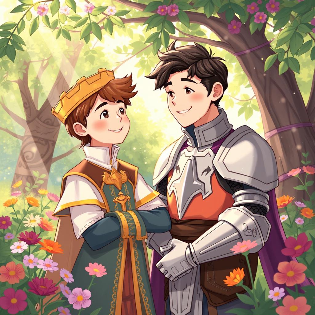 A whimsical and heartfelt illustration showcasing the innocent love between the young second prince of the Meinz Kingdom and a handsome knight named Lyrien