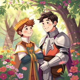 A whimsical and heartfelt illustration showcasing the innocent love between the young second prince of the Meinz Kingdom and a handsome knight named Lyrien