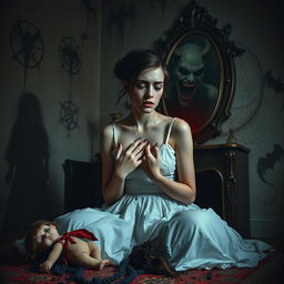 A chilling scene of a young woman, elegant yet visibly distressed, sitting alone in her dimly lit apartment
