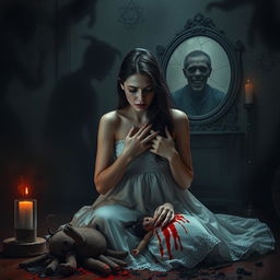 A chilling scene of a young woman, elegant yet visibly distressed, sitting alone in her dimly lit apartment