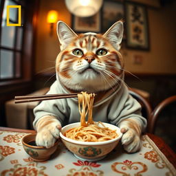 A portrait photo of an expressive cat sitting at a table, eating noodles like a human