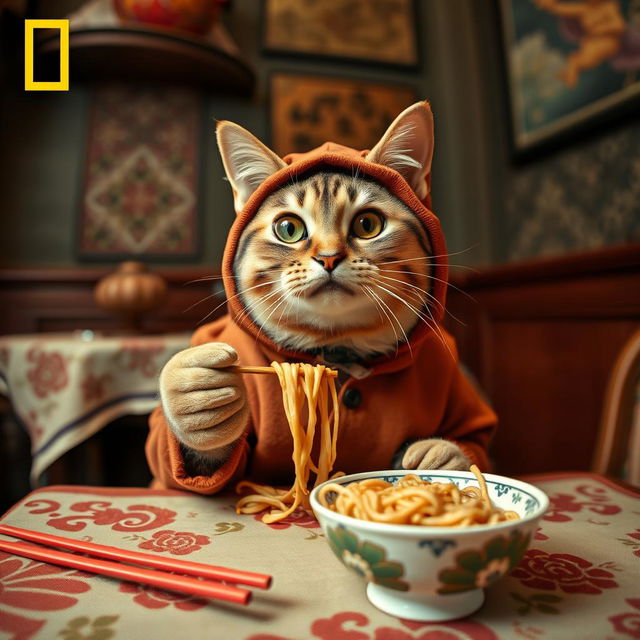 A portrait photo of an expressive cat sitting at a table, eating noodles like a human