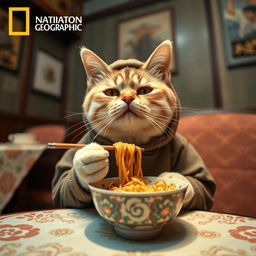 A portrait photo of an expressive cat sitting at a table, eating noodles like a human