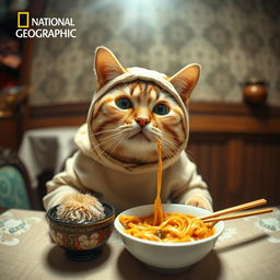 A portrait photo of an expressive cat sitting at a table, eating noodles like a human