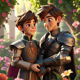 A beautifully rendered 3D fantasy scene showcasing the innocent love between the young second prince of the Meinz Kingdom and a handsome knight named Lyrien