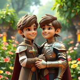 A beautifully rendered 3D fantasy scene showcasing the innocent love between the young second prince of the Meinz Kingdom and a handsome knight named Lyrien