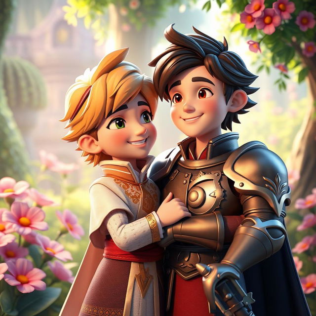 A beautifully rendered 3D fantasy scene showcasing the innocent love between the young second prince of the Meinz Kingdom and a handsome knight named Lyrien