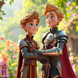 A beautifully rendered 3D fantasy scene showcasing the innocent love between the young second prince of the Meinz Kingdom and a handsome knight named Lyrien