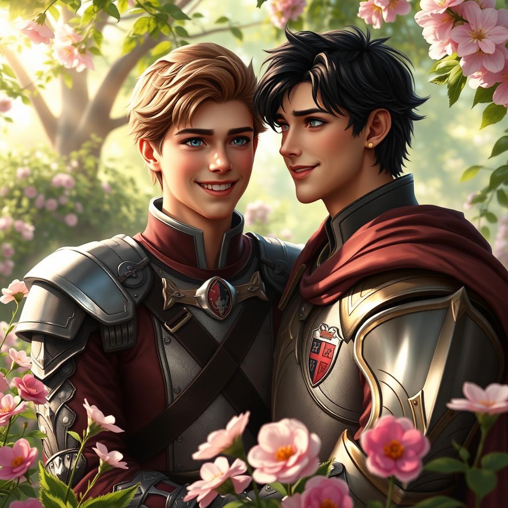 A realistic digital art piece depicting a young love story between the second prince of the Meinz Kingdom and a handsome knight named Lyrien