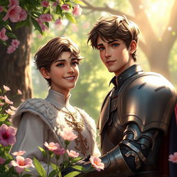 A realistic digital art piece depicting a young love story between the second prince of the Meinz Kingdom and a handsome knight named Lyrien