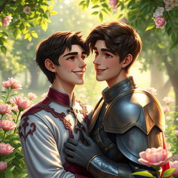 A realistic digital art piece depicting a young love story between the second prince of the Meinz Kingdom and a handsome knight named Lyrien