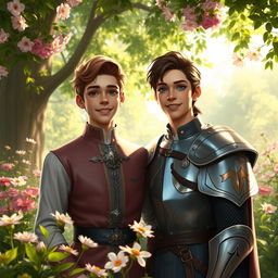 A realistic digital art piece depicting a young love story between the second prince of the Meinz Kingdom and a handsome knight named Lyrien