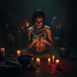 A dark and oppressive room illuminated by eerie flickering candlelight, centering on a beautiful yet anguished woman