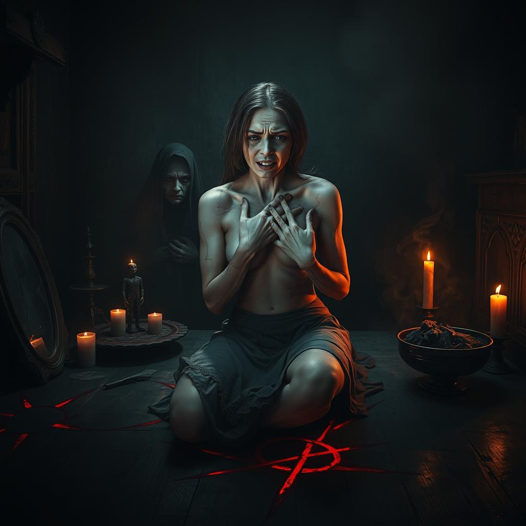 A dark and oppressive room illuminated by eerie flickering candlelight, centering on a beautiful yet anguished woman