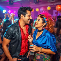 A vibrant and dynamic scene featuring Nicola Porcella and Coco Máxima, captured in an energetic and lively atmosphere